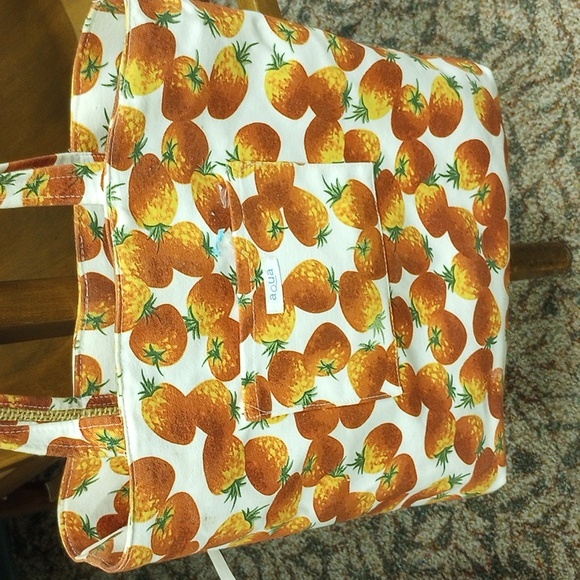 Strawberry Canvas & Burlap Tote Bag w/ Pocket, Aqua Brand - Picture 2 of 7